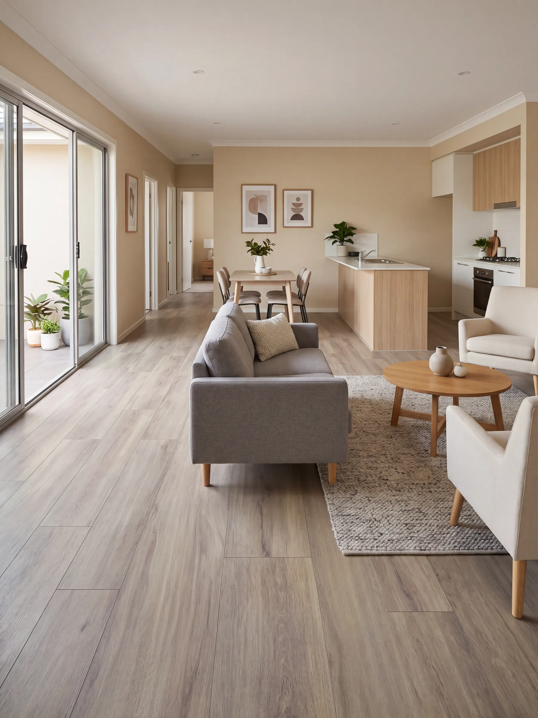 270-23 laminate through an open plan living room and kitchen