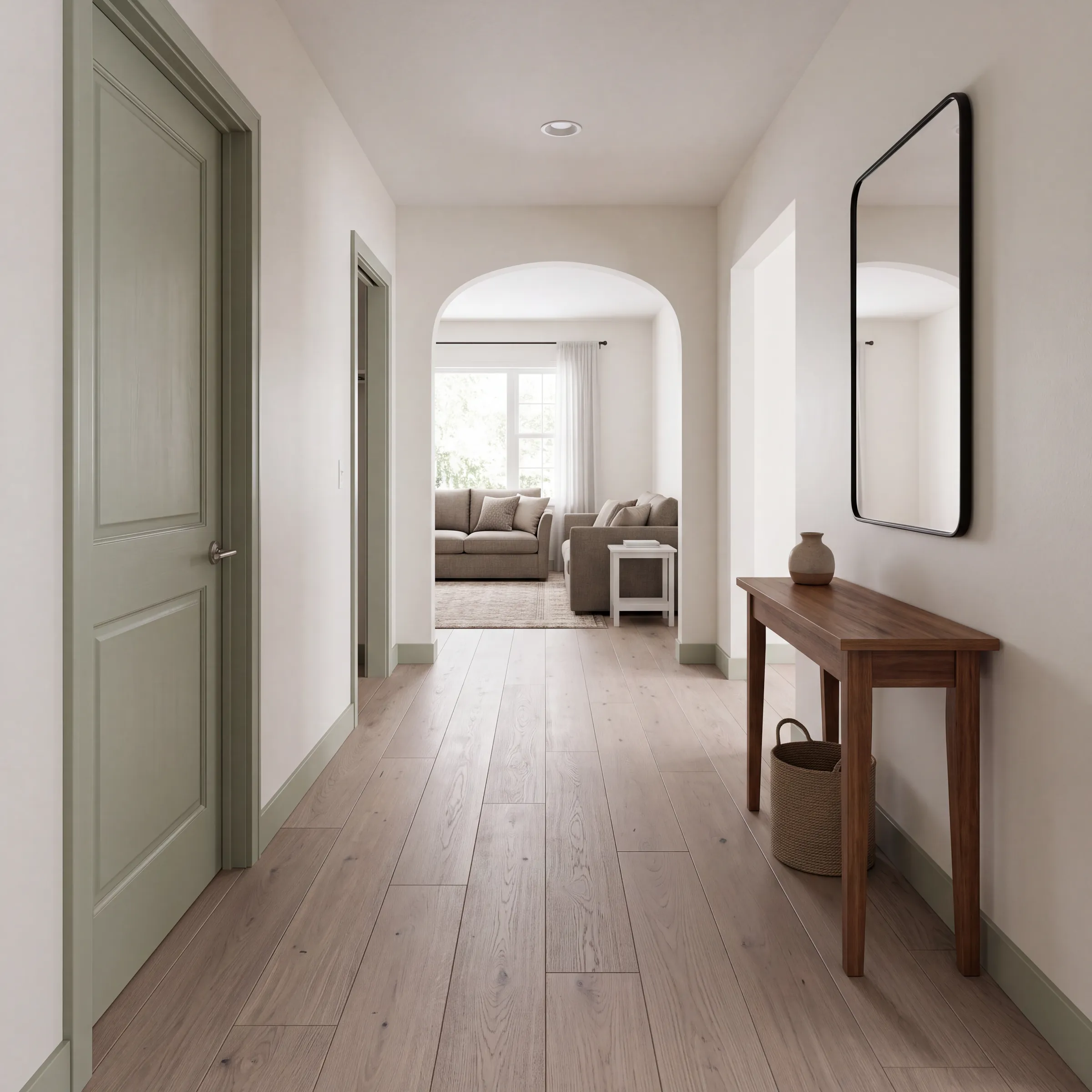 Ash oak plank down a hallway with a sage-green door, an archway through to the lounge