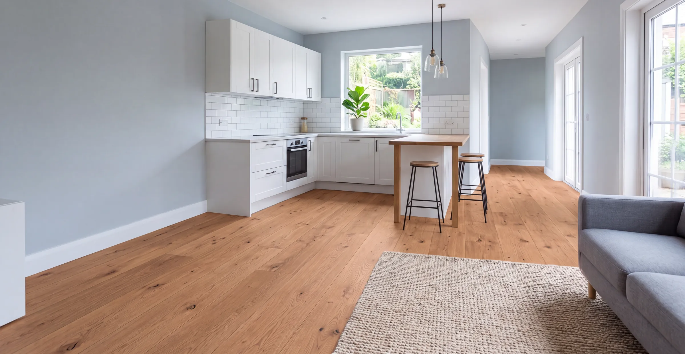 Barrel oak plank through a kitchen and living space with pale blue-grey walls