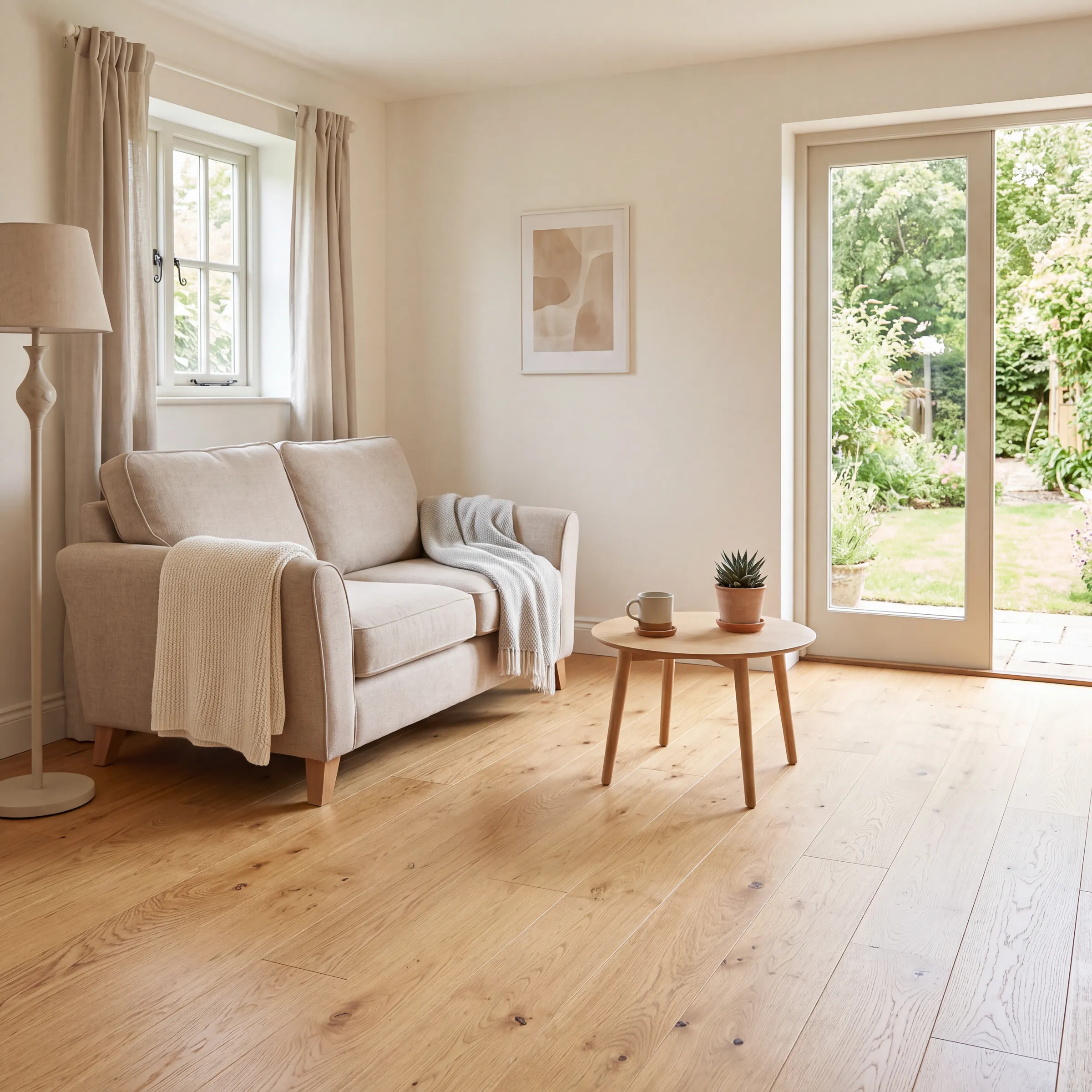 Caramel oak plank in a lounge with garden doors and soft afternoon light