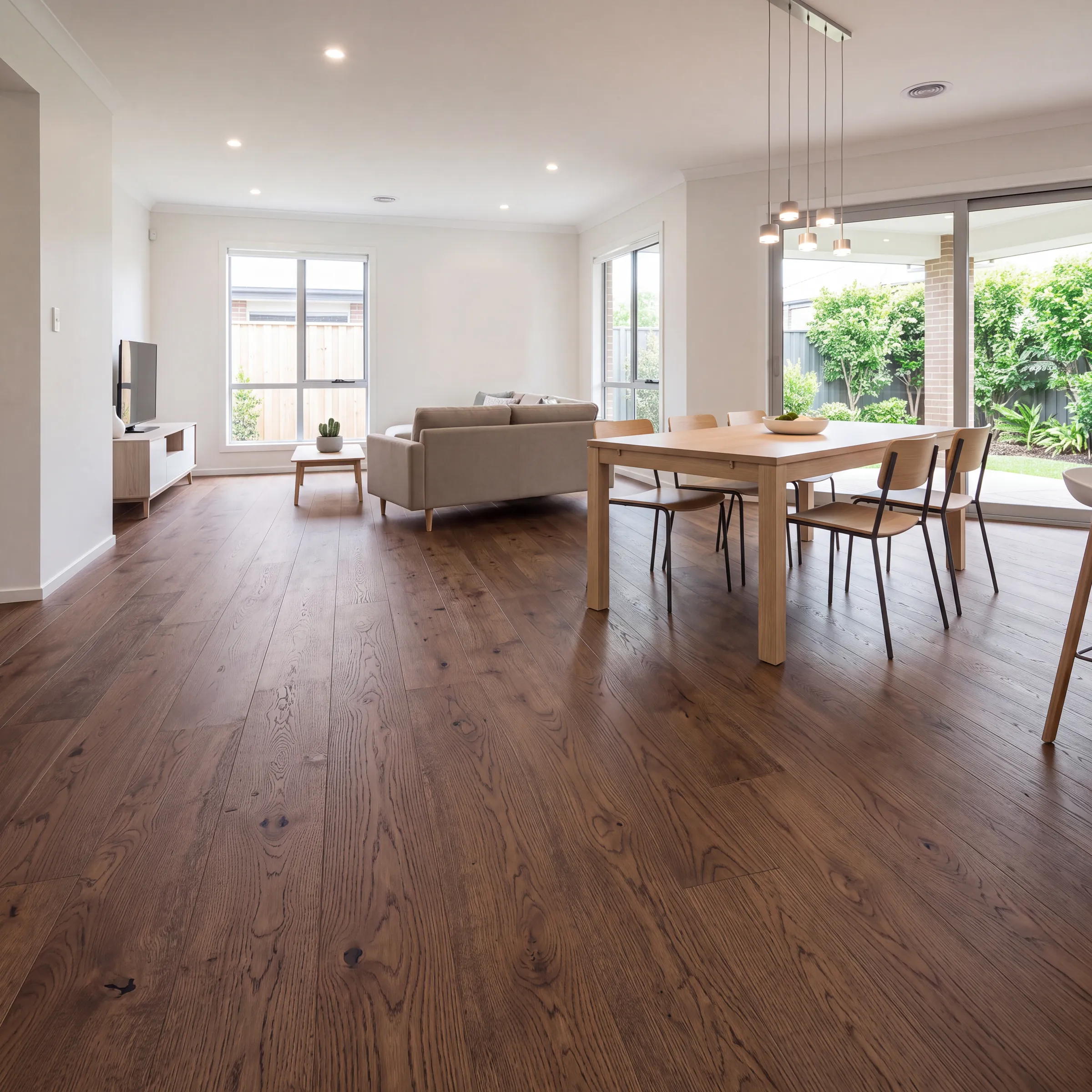 Chocolate oak plank through an open living and dining room, garden through the sliders