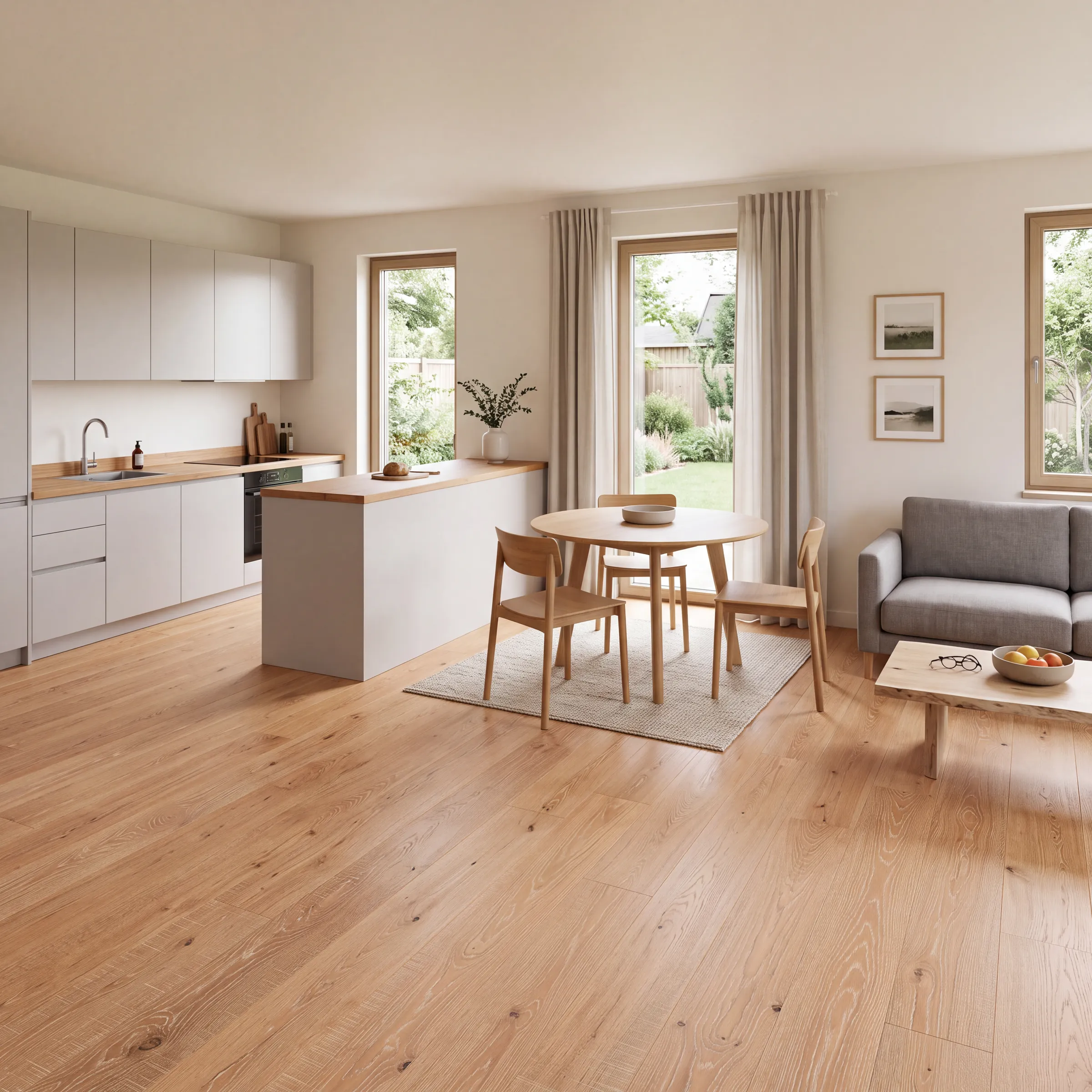 Distress oak plank through an open kitchen, dining and living room in soft light