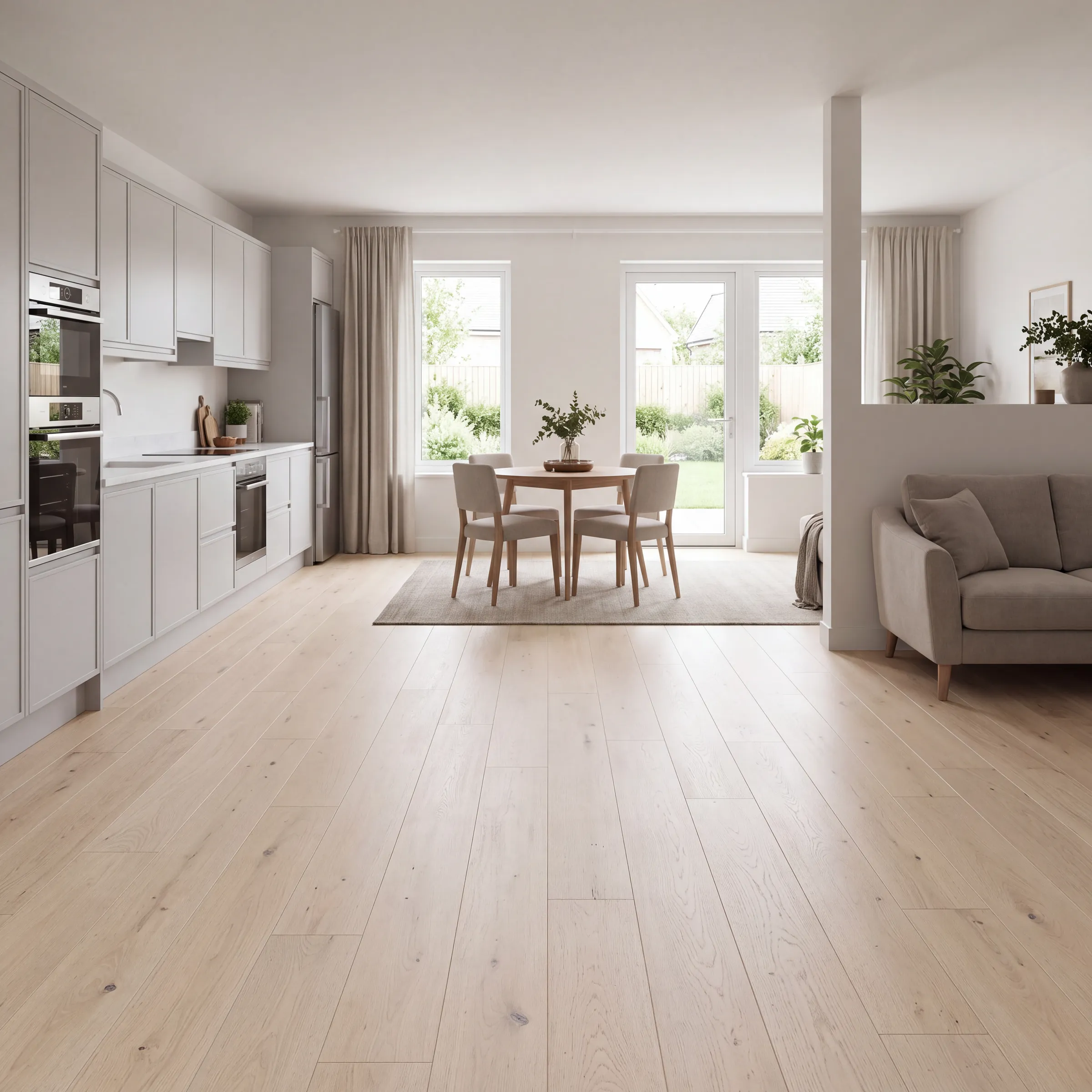 Hamptons oak plank through an open kitchen, dining and living room, garden through the doors