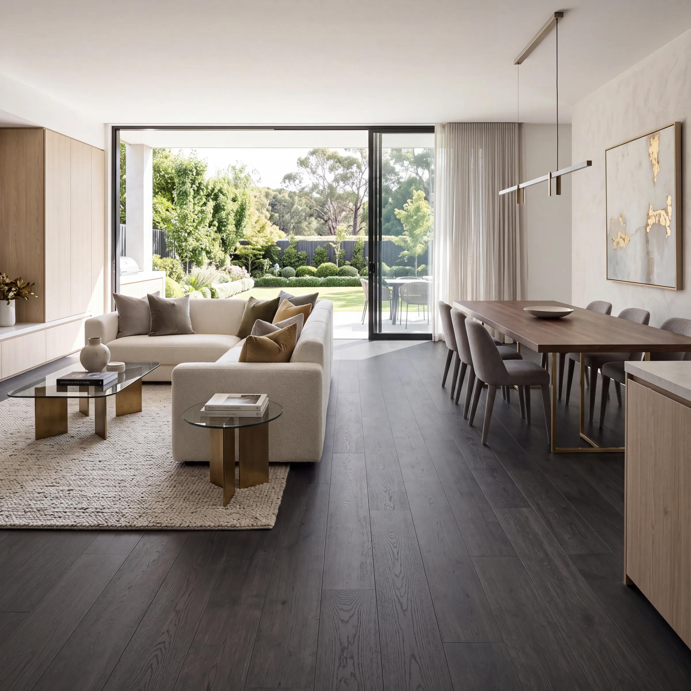 Nuage oak plank across an open living and dining room, sliding doors to the garden