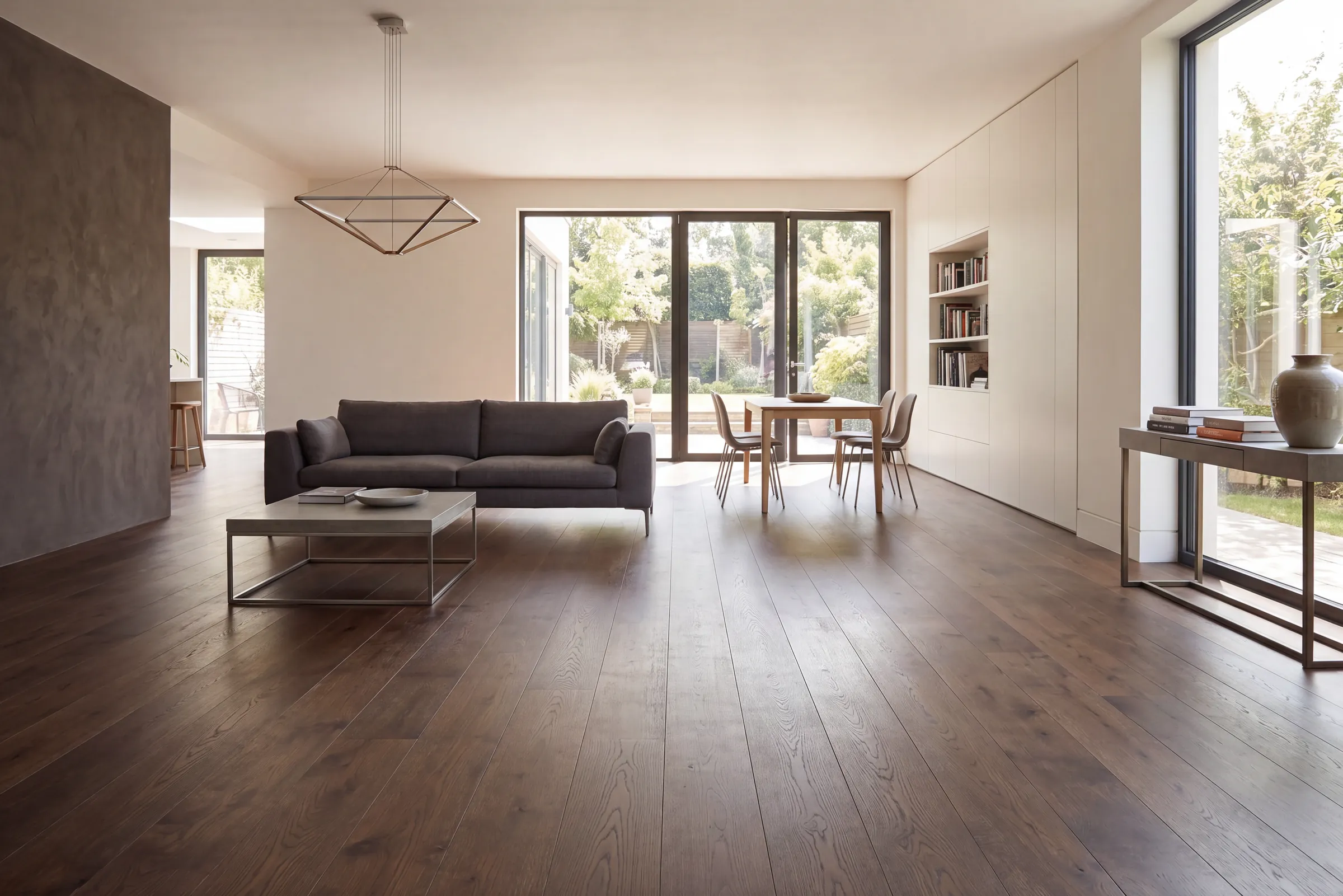 Slate Grey oak plank through an open living and dining room, doors open to the garden