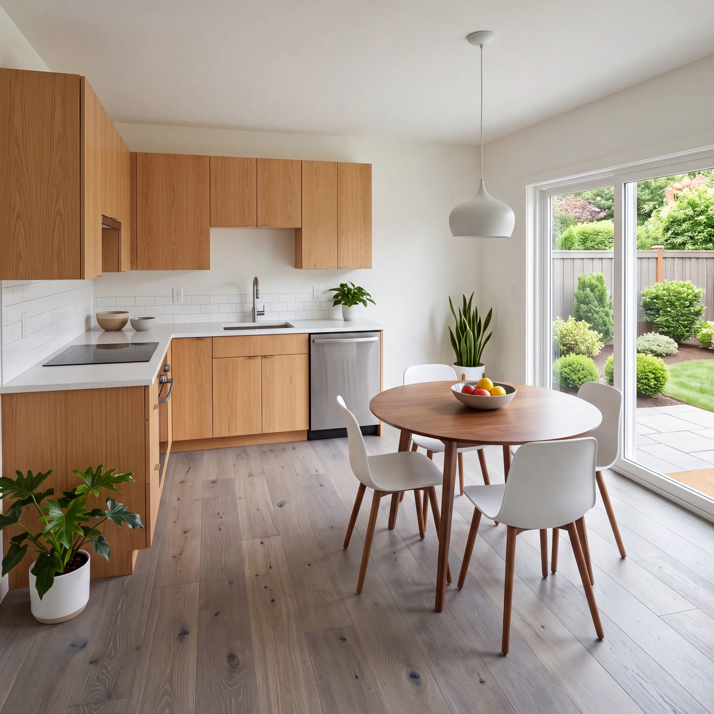 Smokey oak plank through a kitchen and dining nook, sliders open to the garden