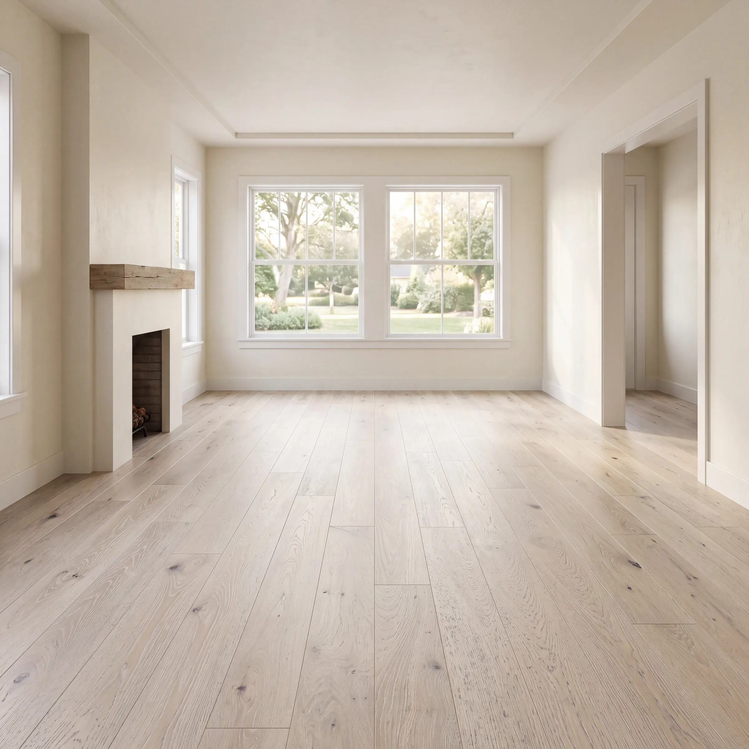 Snowfall oak plank in an empty cream living room with a fireplace and garden windows