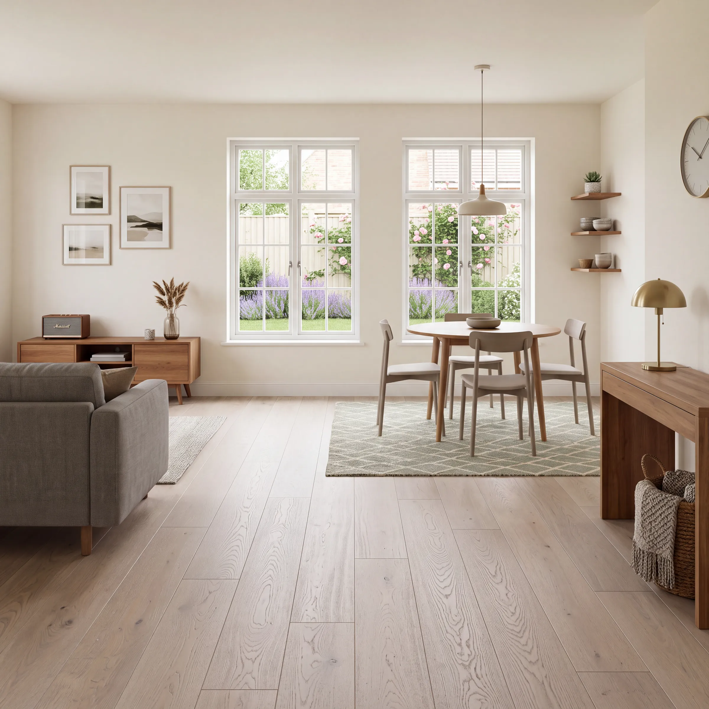 Sterling oak plank through a living and dining room with garden windows