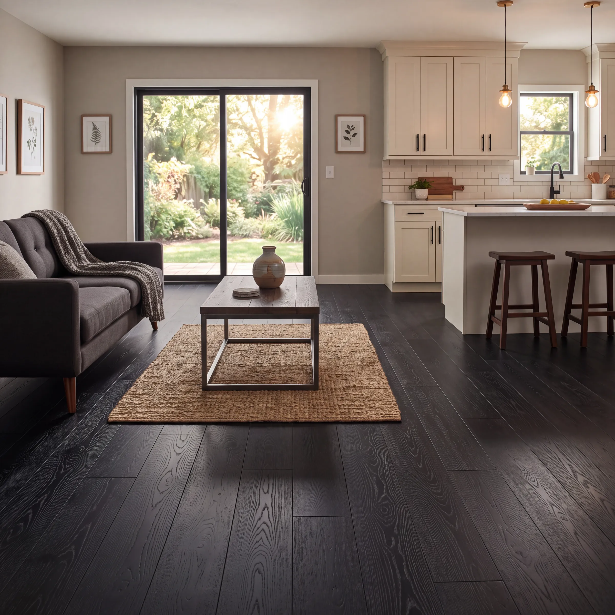 Tuxedo oak plank through a living room and kitchen, cream cabinetry standing against the dark floor