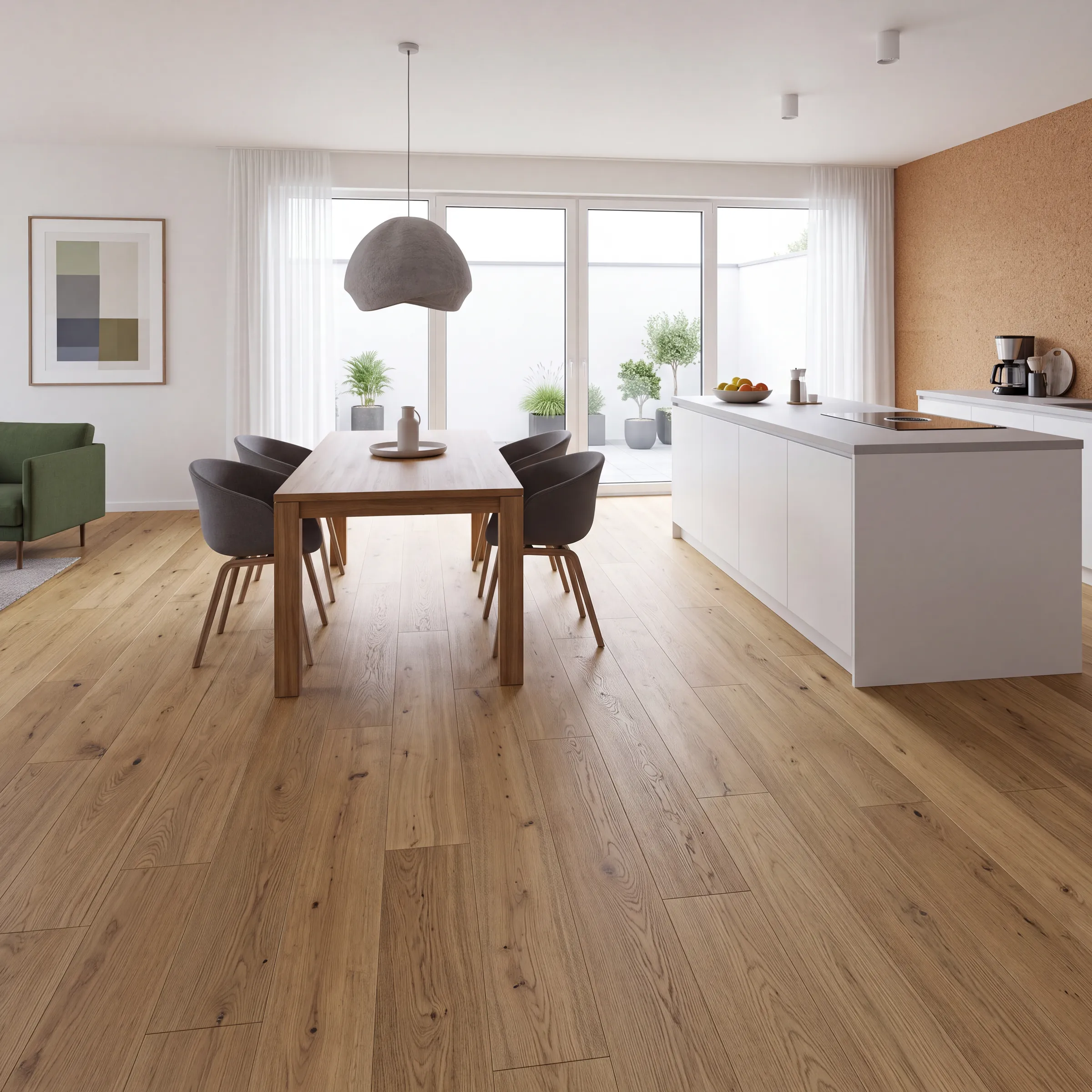 Urban oak plank through an open dining room and kitchen, sheer curtains and a courtyard beyond