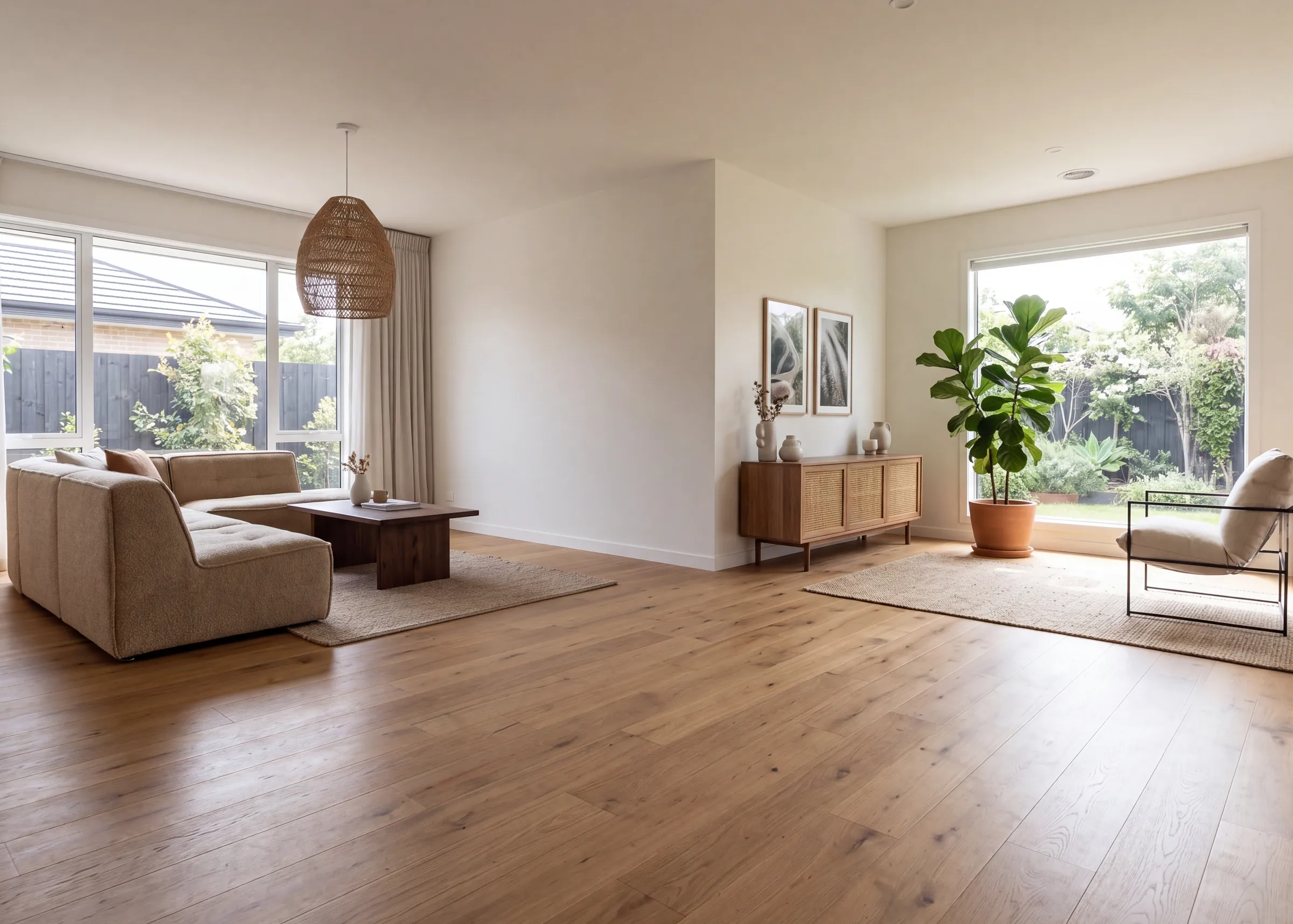 Wheat oak plank through a lounge and sitting area, garden light from both sides