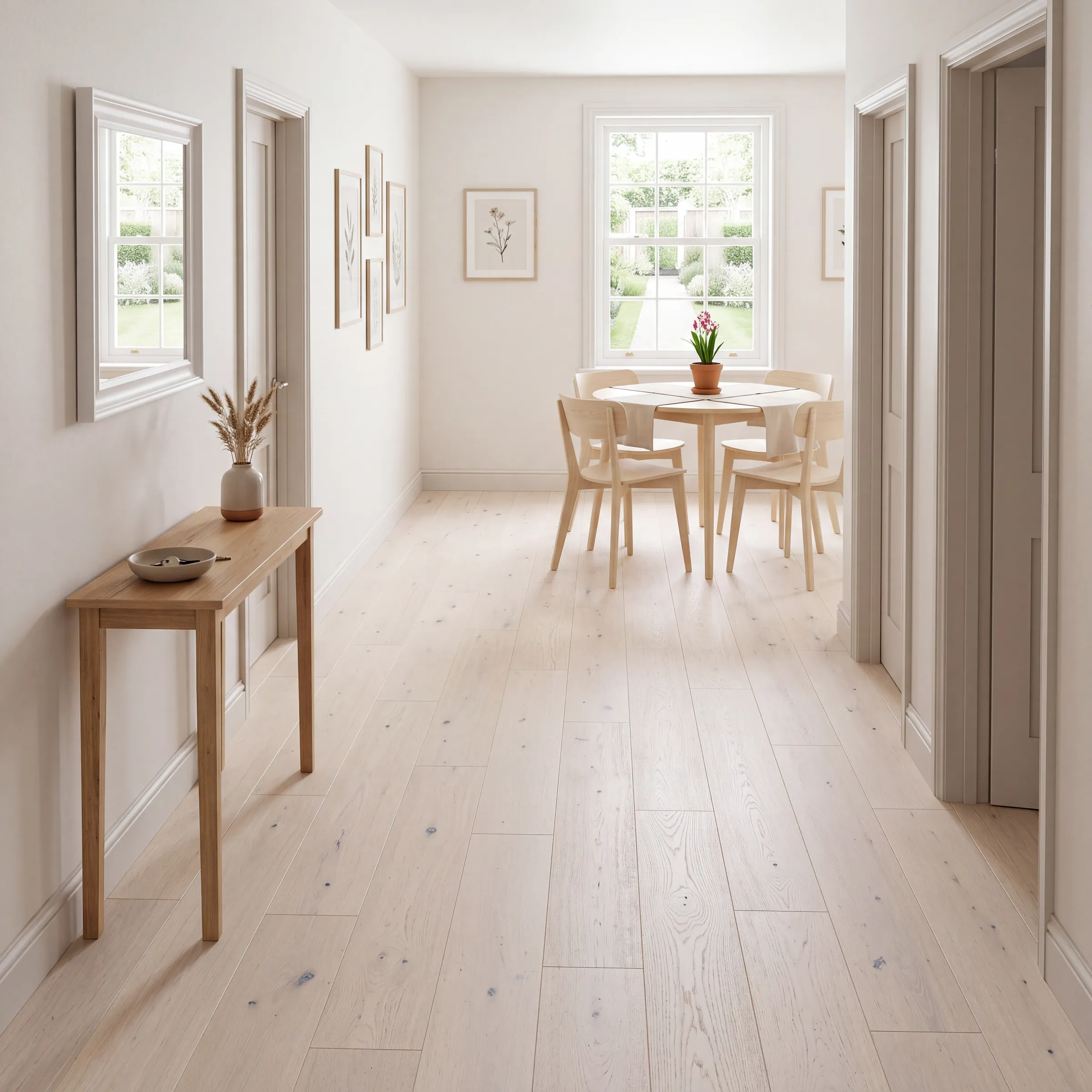 Whitehaven oak plank down a white hallway to a sunlit dining room